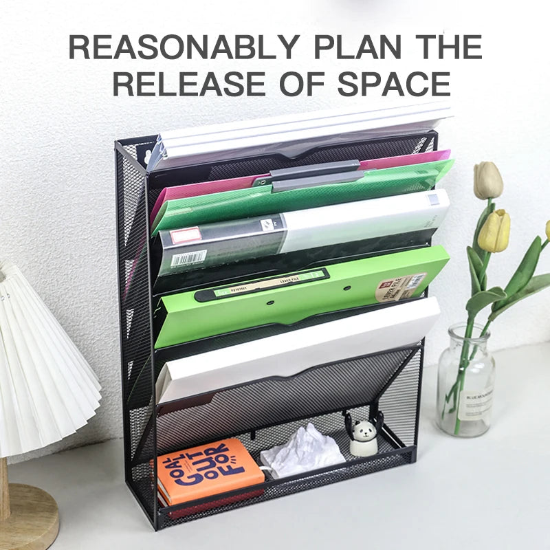 Mesh wall file storage rack 5-layer vertical mounting rack Magazine rack with bottom flat tray side closed black