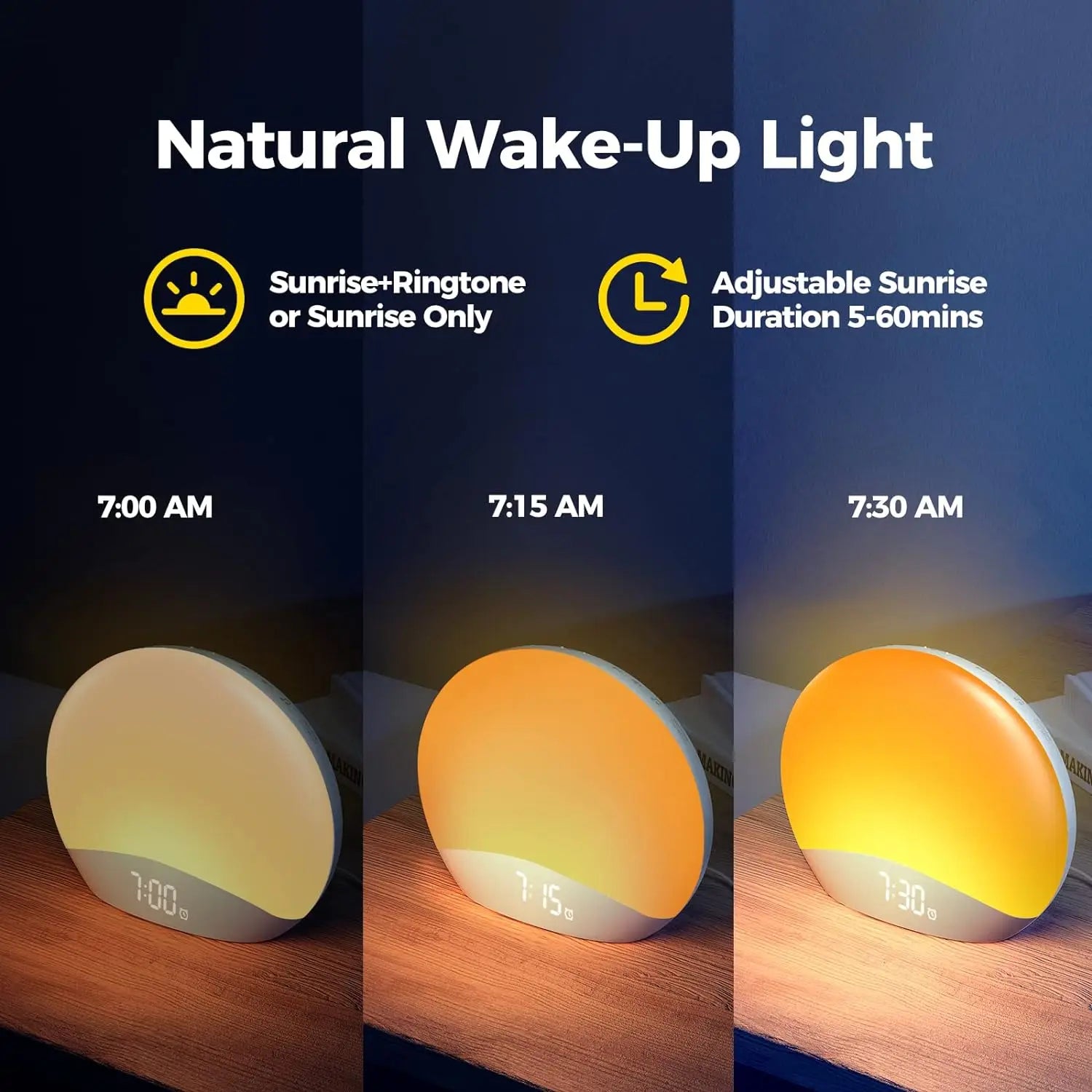 Awakening Wake Up Sunrise Alarm Clock Table Clock Dimmable with 3 Ring 8 Nightlight 26 Sound Sleep Timer Night Light