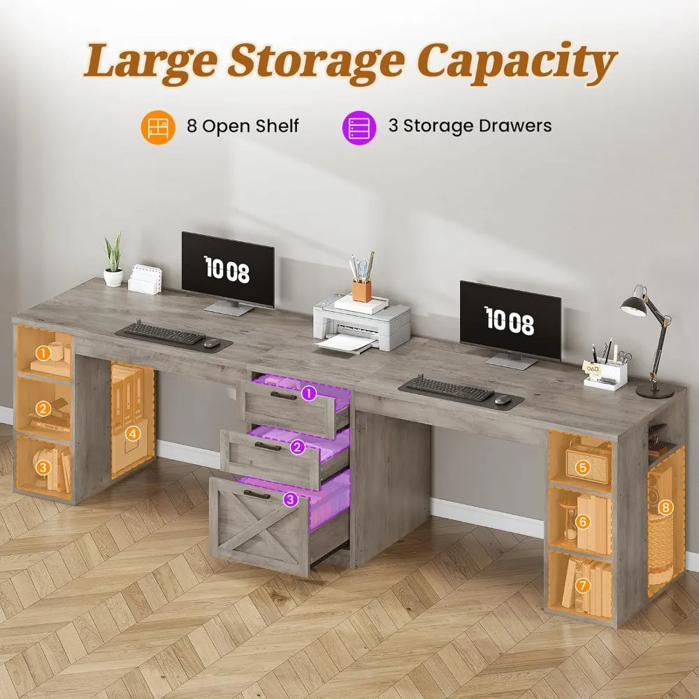 Farmhouse 96.5’’ Computer Desk with Drawers 2 Person Home Office Desk Gaming Double Desk with Storage Shelves Long Two
