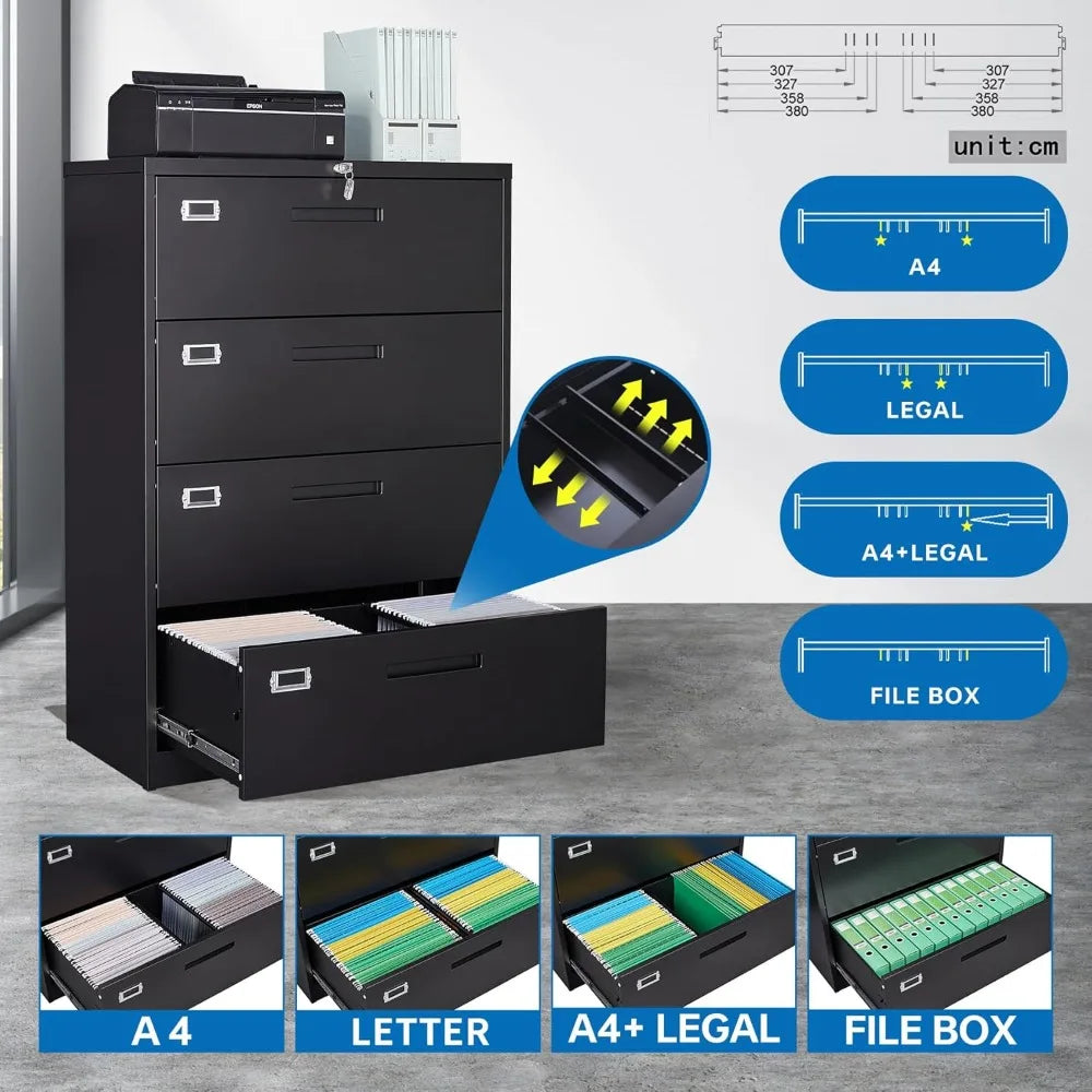 4 Drawer Filing Cabinet with Lock Metal Lateral File Cabinet Office Home Steel Lateral File Cabinet Heavy-Duty Storage