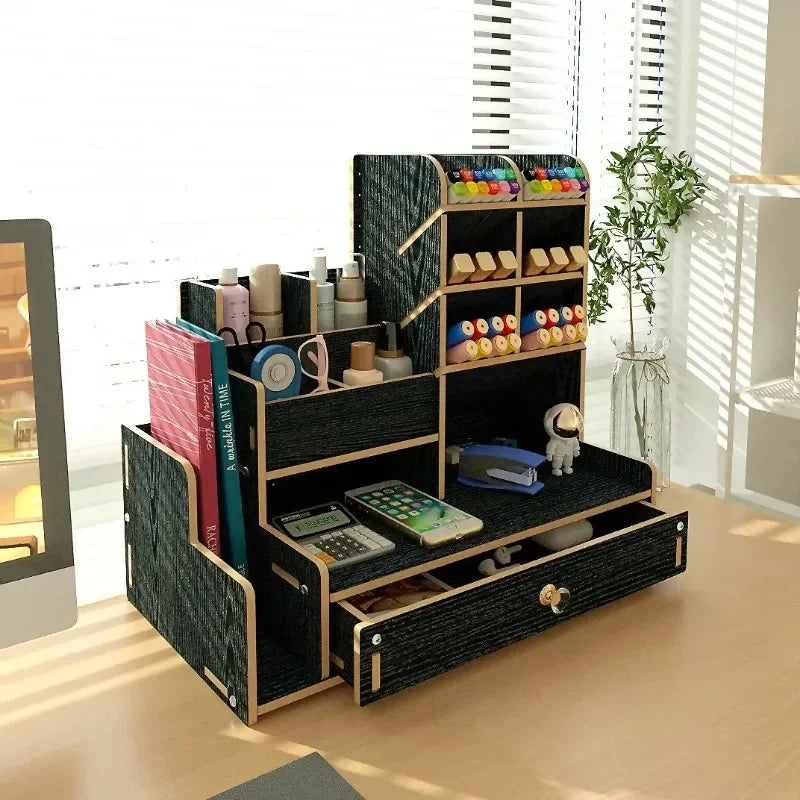 Student Desktop Wooden Pen Holder Mark Pen Oblique Plug-in Storage Rack Female Cosmetics Drawer Style Classified