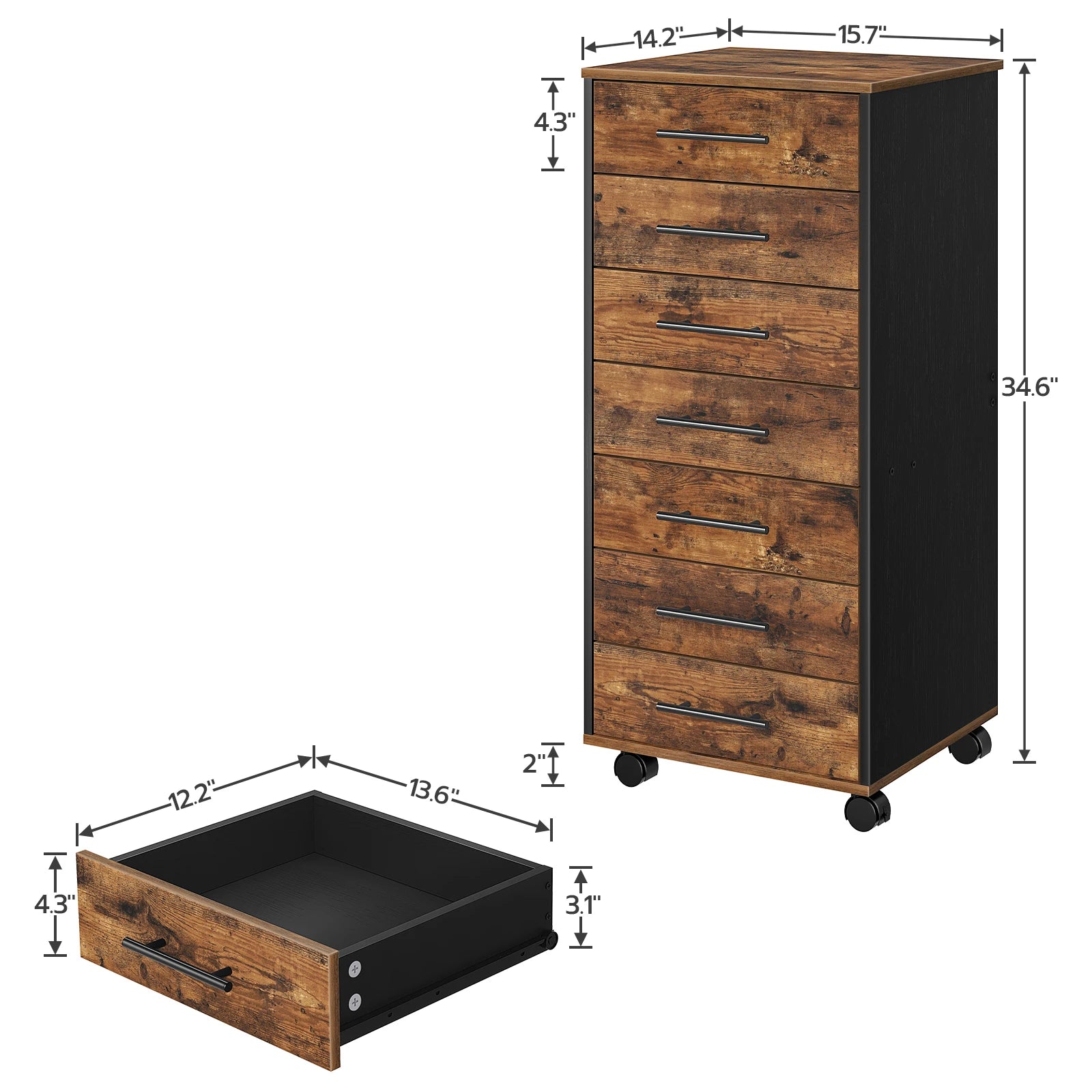 HOOBRO 7-Drawer Chest Wooden File Cabinet Office Cabinet with Drawers Storage Cabinet for Home Office - Rustic Brown