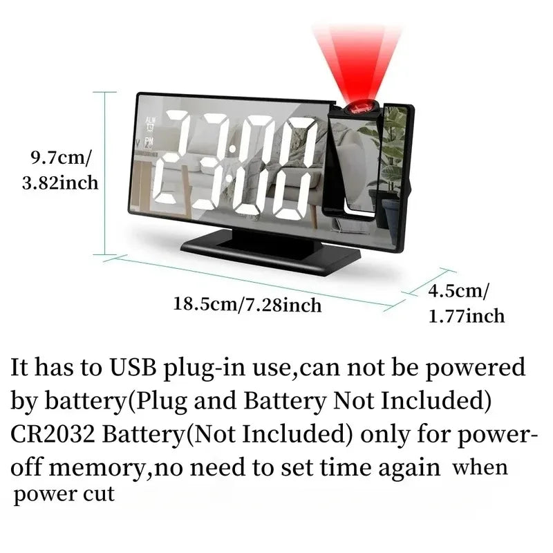 180° Arm Projection Alarm Clock Time Temperature USB Plug-in Digital Alarm Clock Snooze Table Clock 12/24H Projector