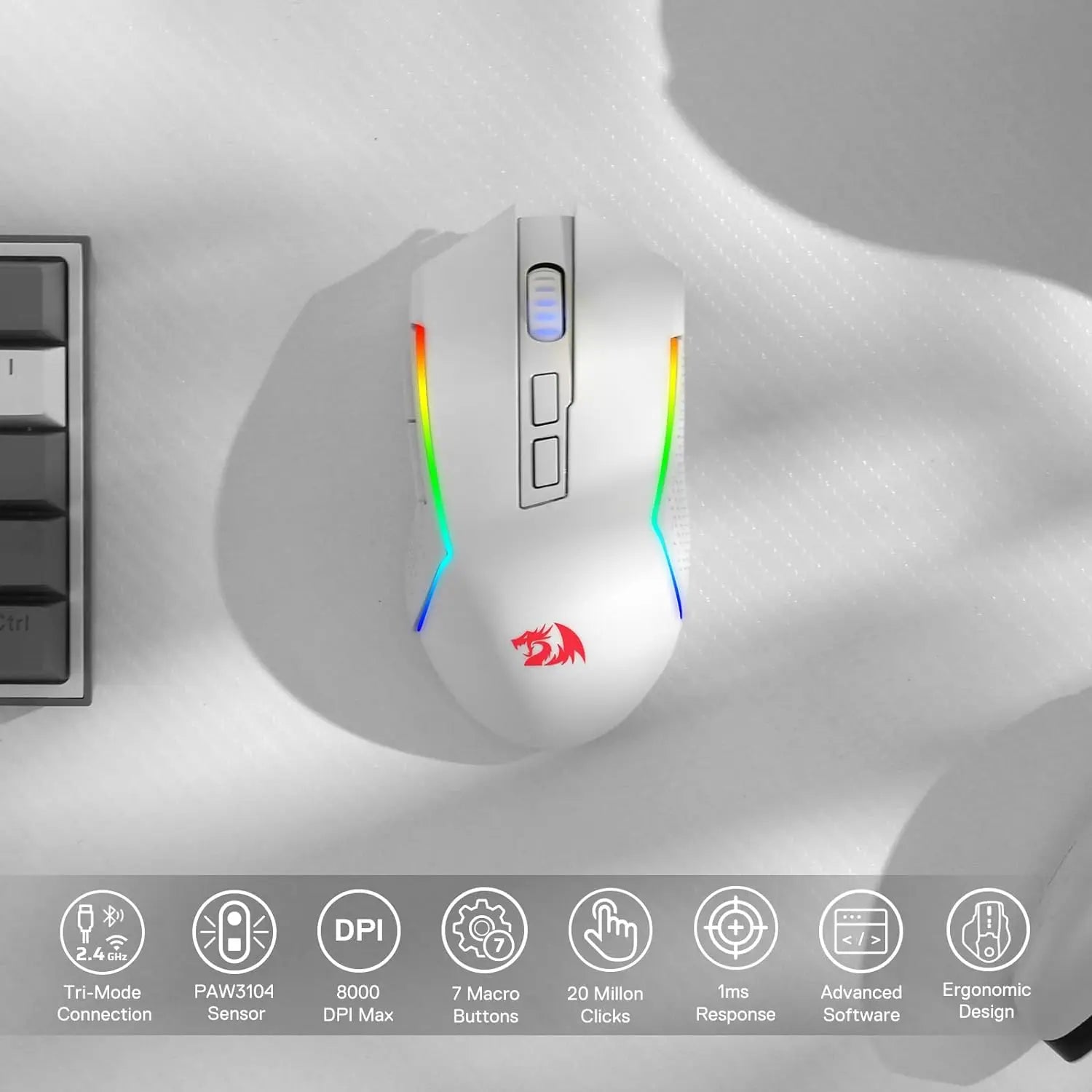 Redragon M693 Wireless/Wired BT & 2.4G Bluetooth Gaming 8000 DPI Mouse 3-Mode Connection RGB Backlight for PC/Mac/Laptop