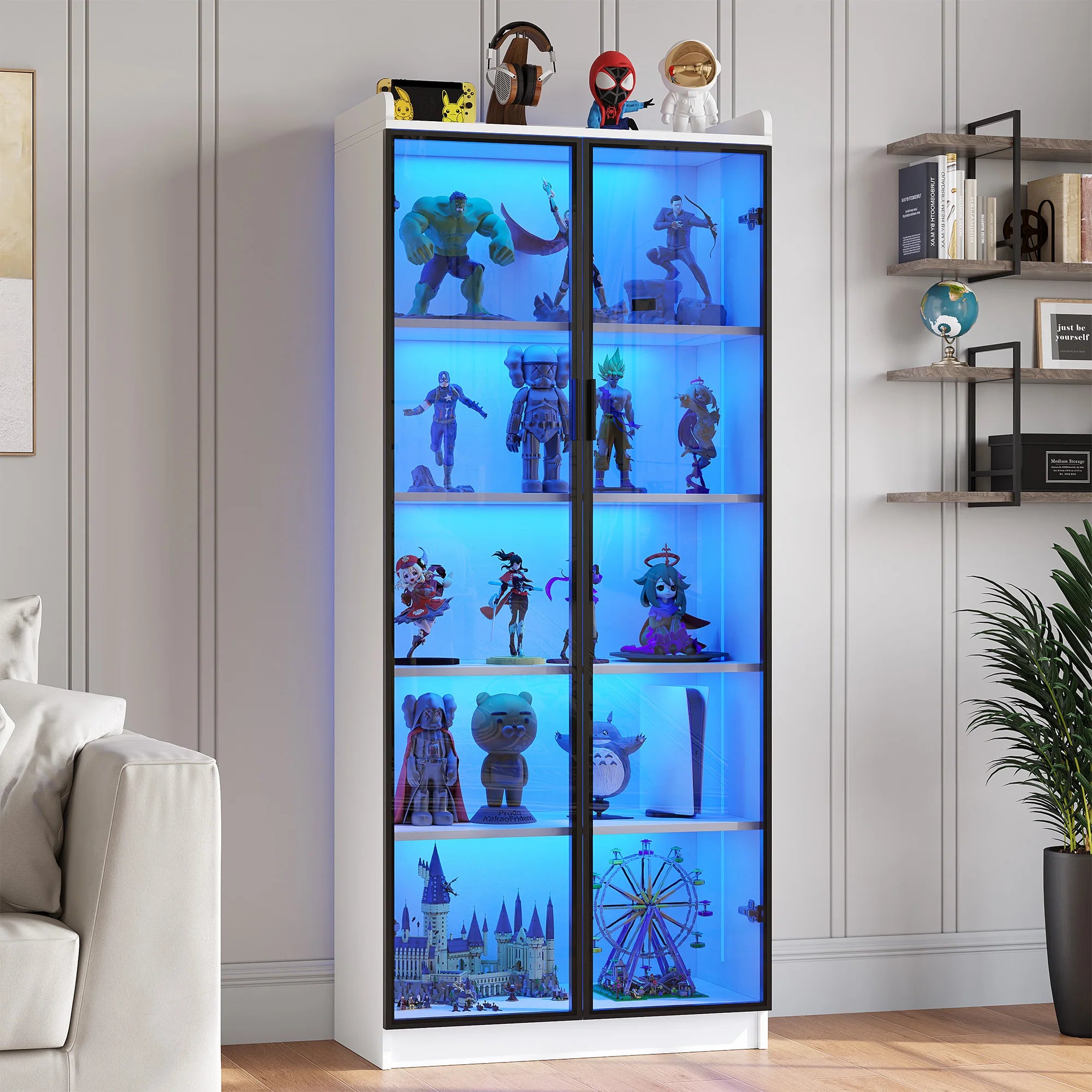 JDPAG Display Cabinet with Doors and Adjustable Shelves 65’’ Tall Bookcase with LED Lights/Human Sensor - white