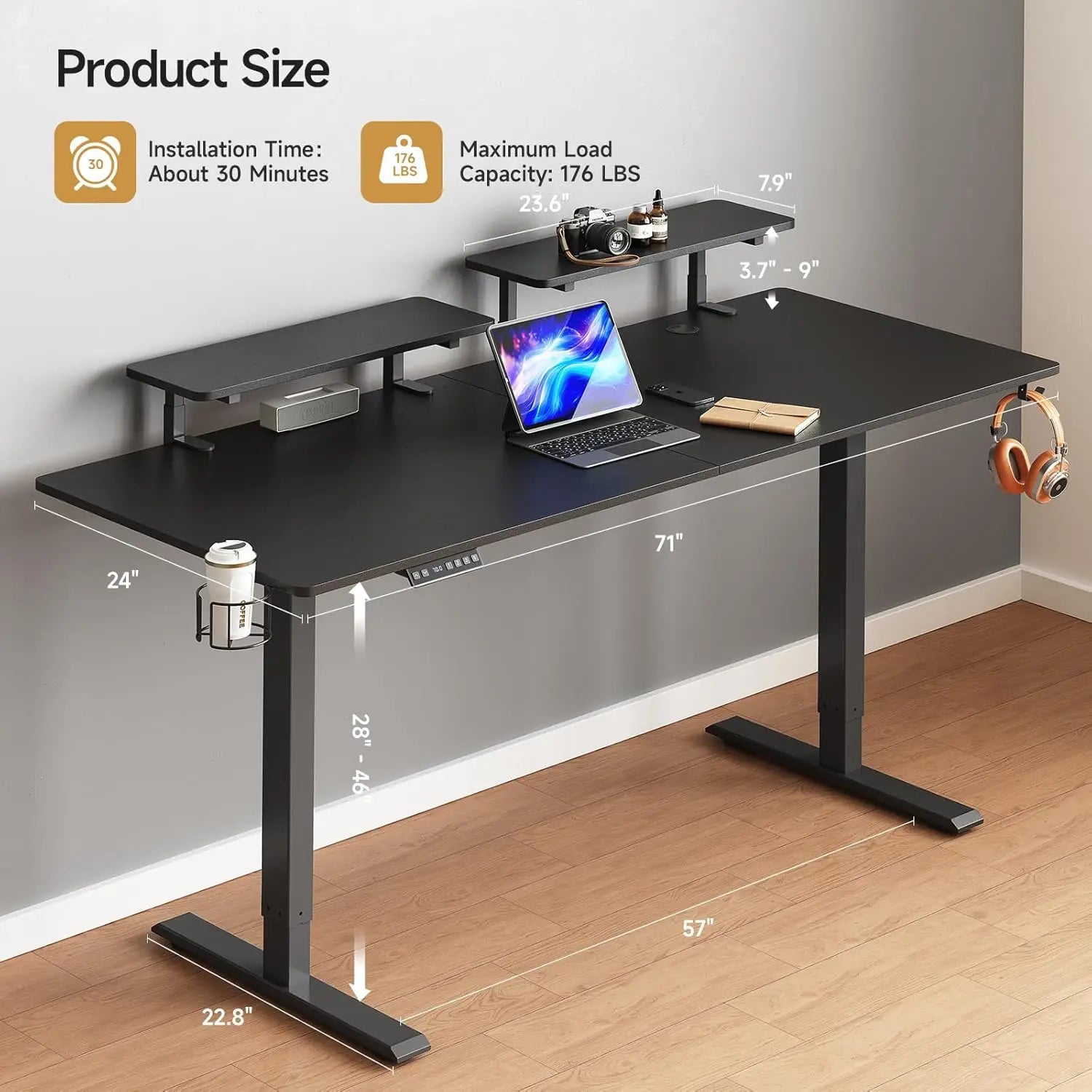 Standing Desk w/ 2 Adjustable Monitor Shelves,Electric Stand Up Desk with Memory Controller & Adjustable Height - 71
