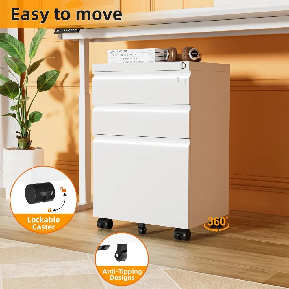 3 Drawer Filing Cabinet with Lock White Mobile File Cabinet with Wheels Rolling Small Metal Cabinets Under Desk