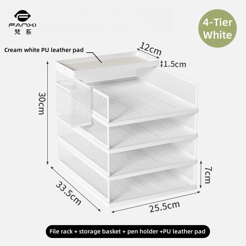 Metal File Stack Stackable Desk Organizer Office Desktop Organizer Multilayer File Tray with a Hanging Pen Holder Desk