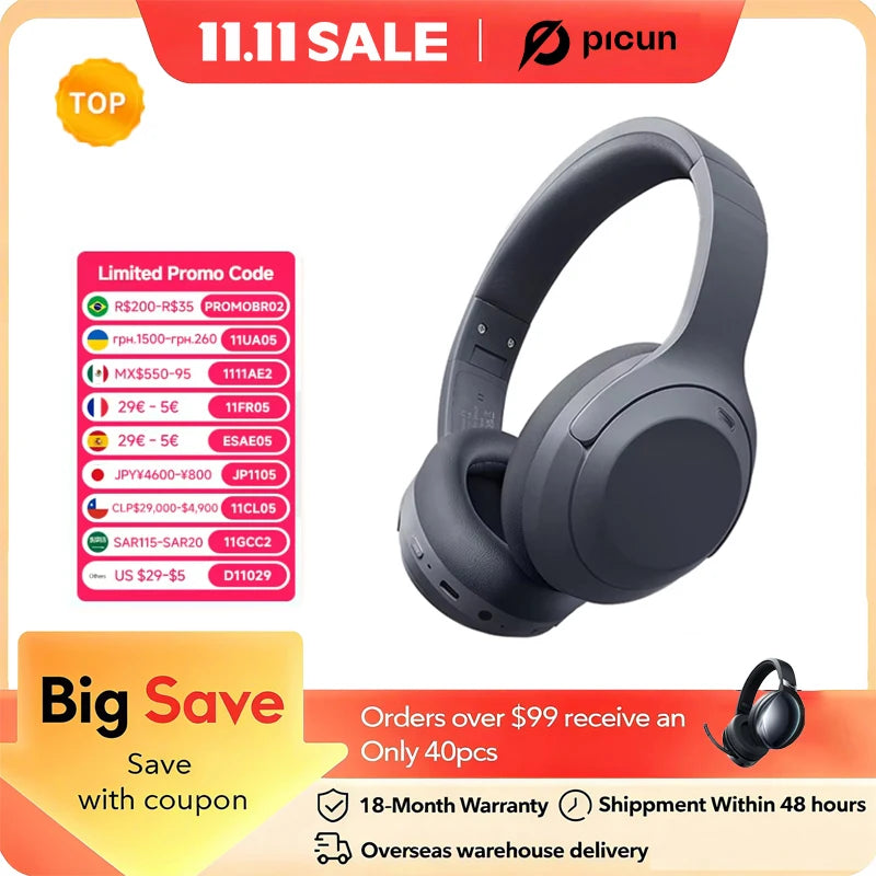 Picun F1 ANC Wireless Bluetooth 5.4 Hi-FI Audio Headphones 43dB Adaptive Noise Cancelling Headsets 40mm Driver 80H