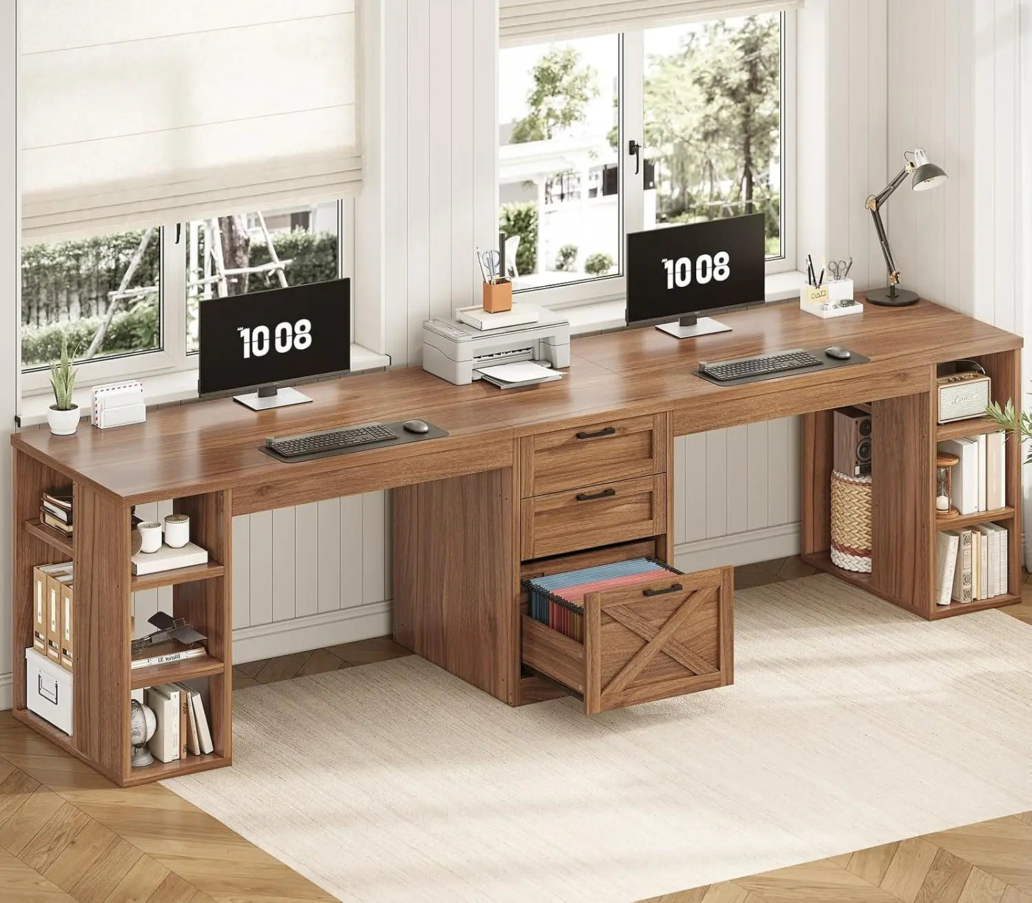 Farmhouse 96.5’’ Computer Desk with Drawers 2 Person Home Office Desk Gaming Double Desk with Storage Shelves Long Two