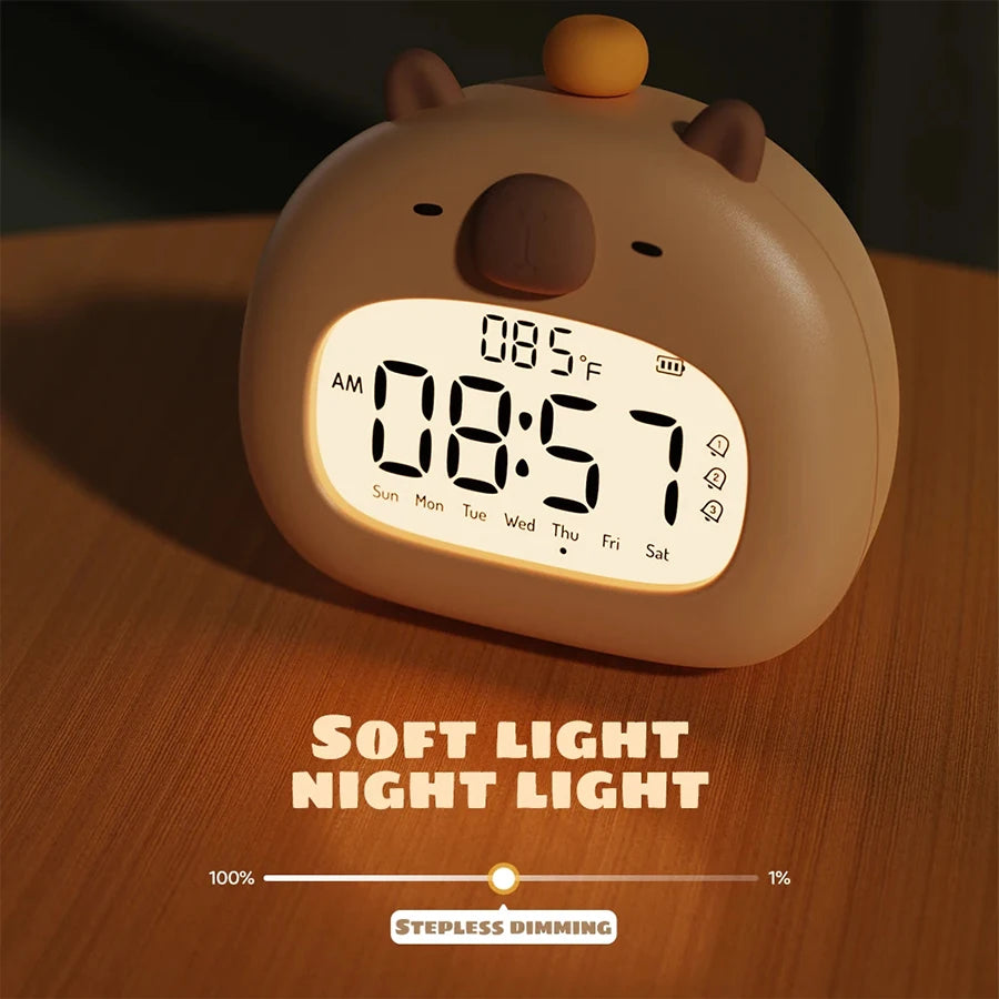Capybara LED Alarm Clock Digital Rechargeable Multi-functional Timer Dimmable Bedside Table Lamp USB Charge Kids Gift