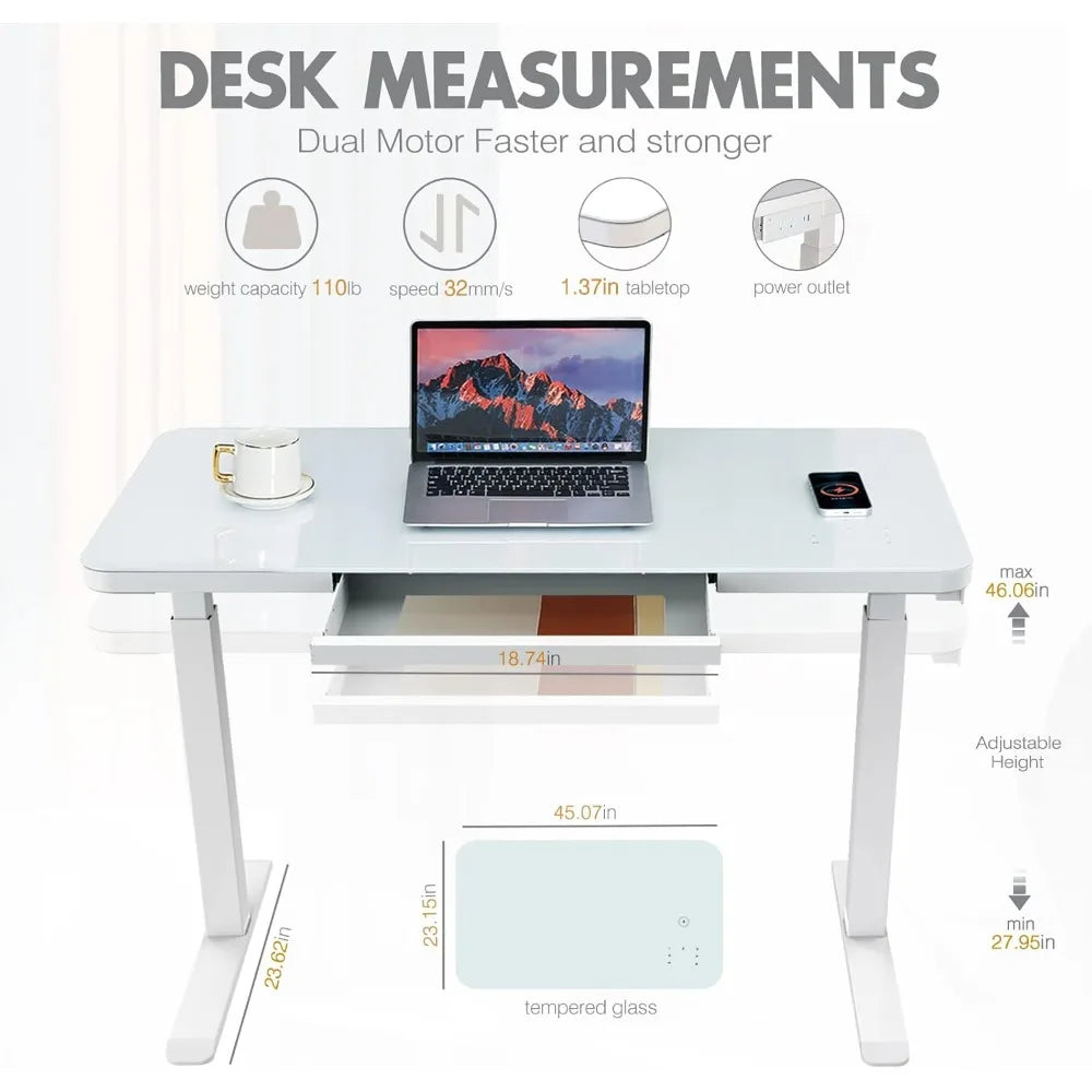 Electric Standing Desk with Drawer Adjustable Height Sit Stand Desk with Tempered Glass Top Touchscreen Controller