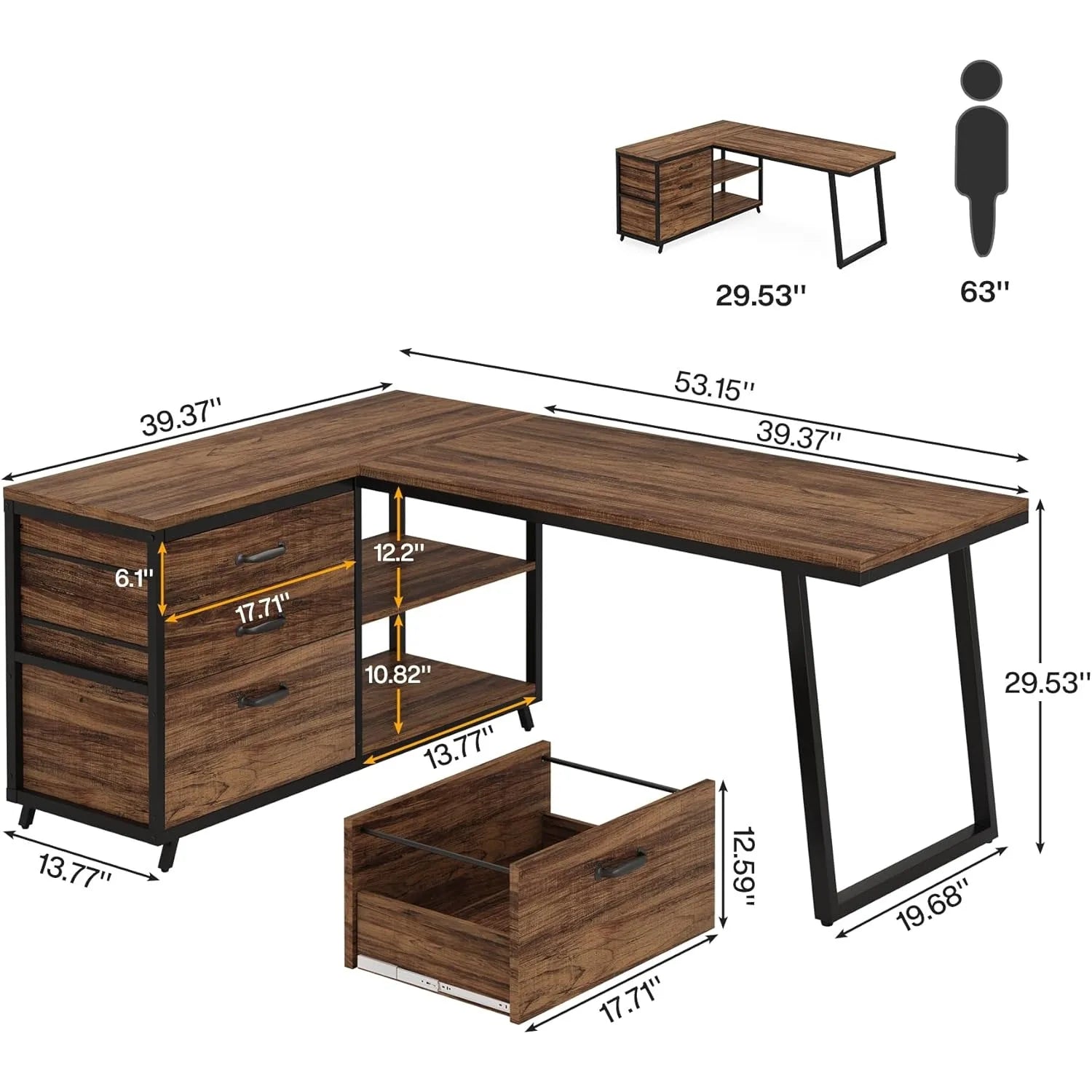 L-Shaped Computer Desk with 3 Drawers,Home Office Desk with Shelves 53-Inch Industrial PC Desk for Small Space Rustic