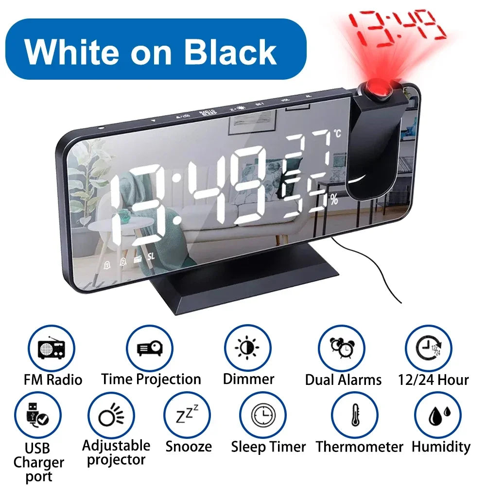 LED Digital Projection Alarm Clocks USB Electronic Ceiling Projector Alarm Clock with FM Radio for Bedroom Bedside