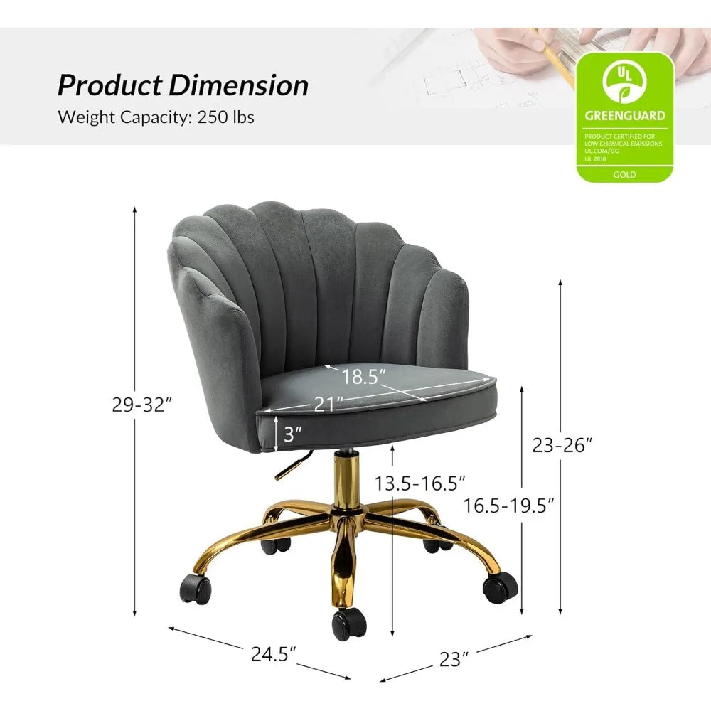 Velvet Home Office Desk Chair Modern Upholstered Swivel Computer Task Chair with Shell Back & Gold Base Height Adj