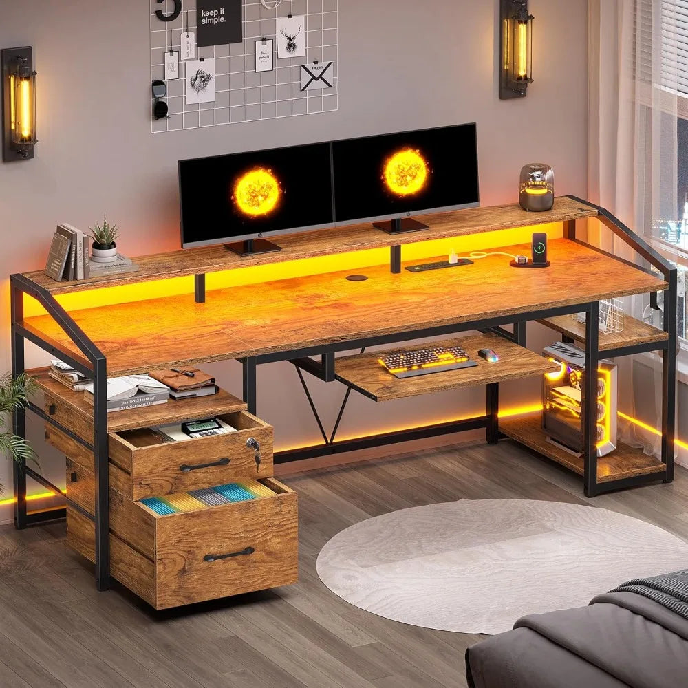 63’’ Computer Desk Office Desk with Lock Drawers for Legal/Letter File Gaming Desk with LED Light & Power Outlet Home