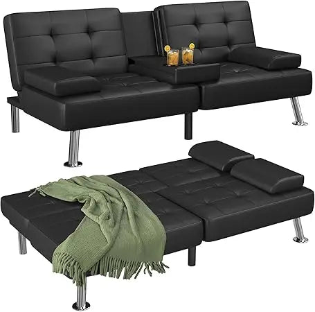 Modern Convertible Futon Sofa Bed with Folding Recliner and 2 Cup Holders for Living Room Removable Armrests - Black