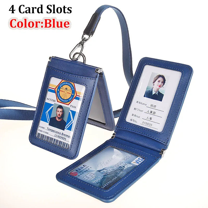 Top Grade Genuine Leather ID Badge Holder Business Cards Holders with Neck Lanyard Formal Staff Magnet Closed ID Card