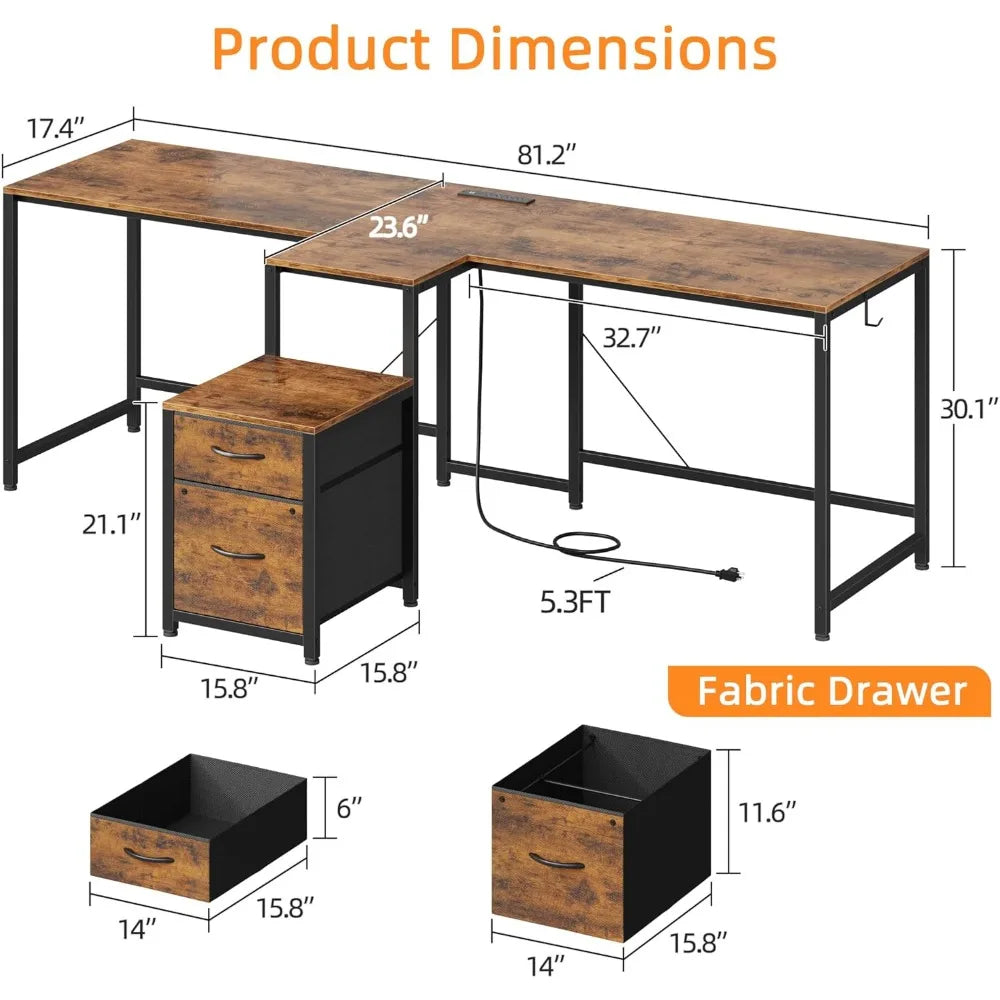 Shaped 2 Person Desk with Power Outlet Long Two Person Gaming Table with LED & Fabric Drawers 81.2’’ Computer Desks
