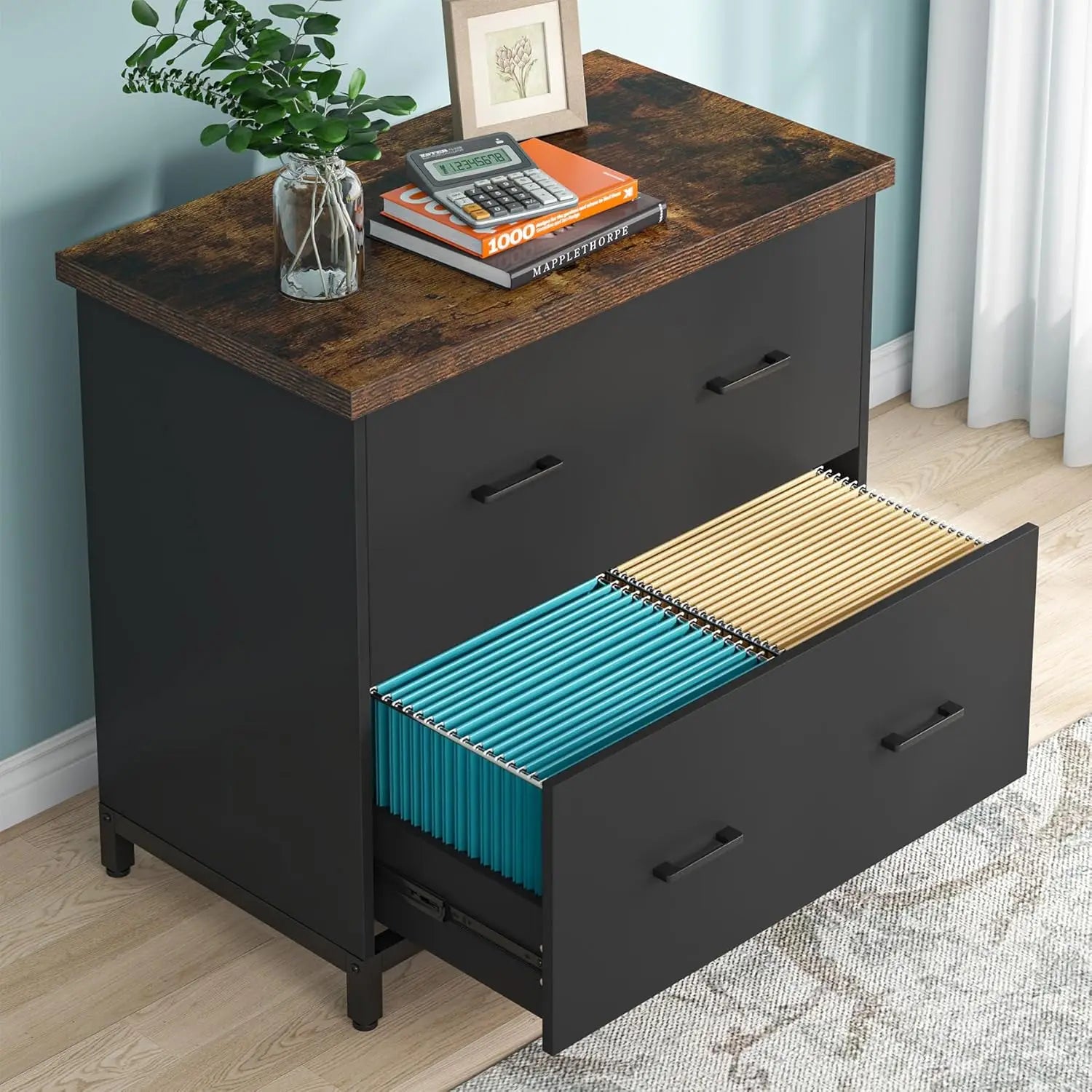 2-Drawer File Cabinet Wood Lateral Filing Cabinet for Home Office A4 Letter Size Brown and Black - United States / black