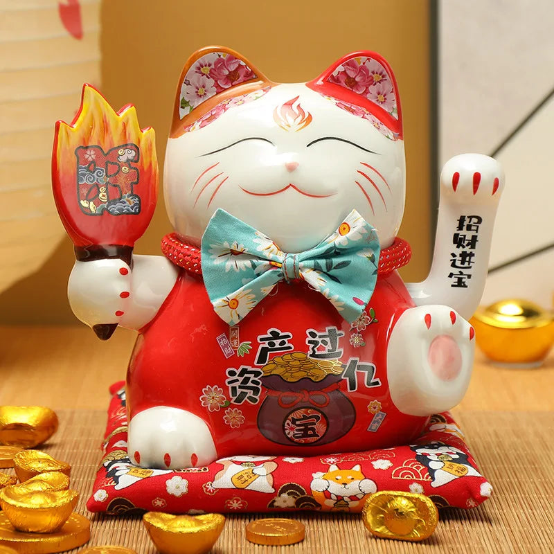 7.5inch Ceramic Beckoning Cat Maneki Neko Ornament Feng Shui Decoration Swing Lucky Cat Cashier Recruitment Cat Desk