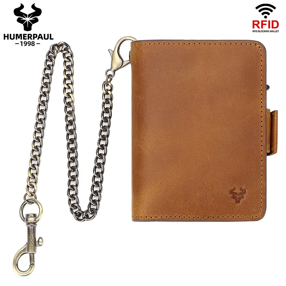 Crazy Horse Leather Card Holder RFID Blocking Card Case Smart Pop-up Cardholder Fashion Men’s Wallet with Long