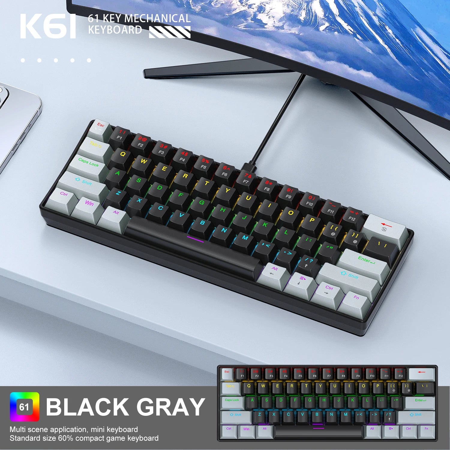 60% Mechanical Gaming Keyboard APAYADO K61 Wired 61 Keys RGB Backlit Red/Blue Switch Mini Black/White/Red for PC Laptop