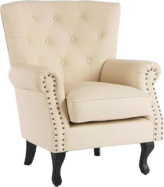 PU Leather Accent Chair Mid-Century Modern Armchair Living Room Club Chair with Tufted Button & Rivet Trim Upholstered