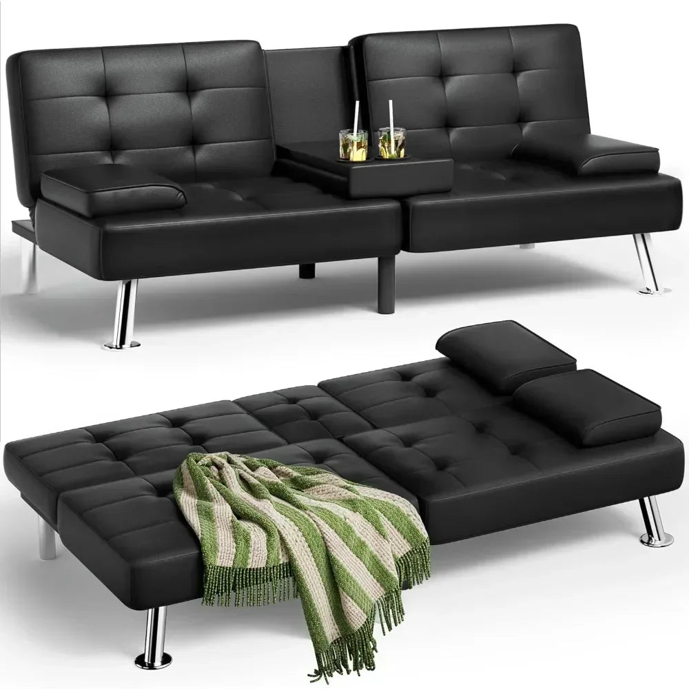 Futon Sofa Bed Leather Futon Couch with Removable Armrests Adjustable Recliner Sleeper Sofa Bed with Dual Cup Holders