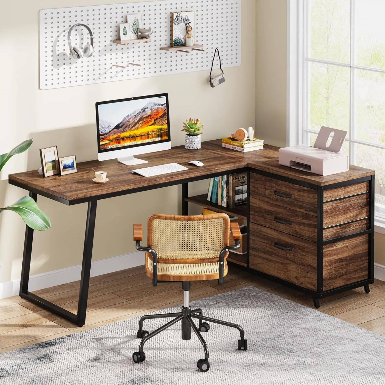 L-Shaped Computer Desk with 3 Drawers,Home Office Desk with Shelves 53-Inch Industrial PC Desk for Small Space Rustic