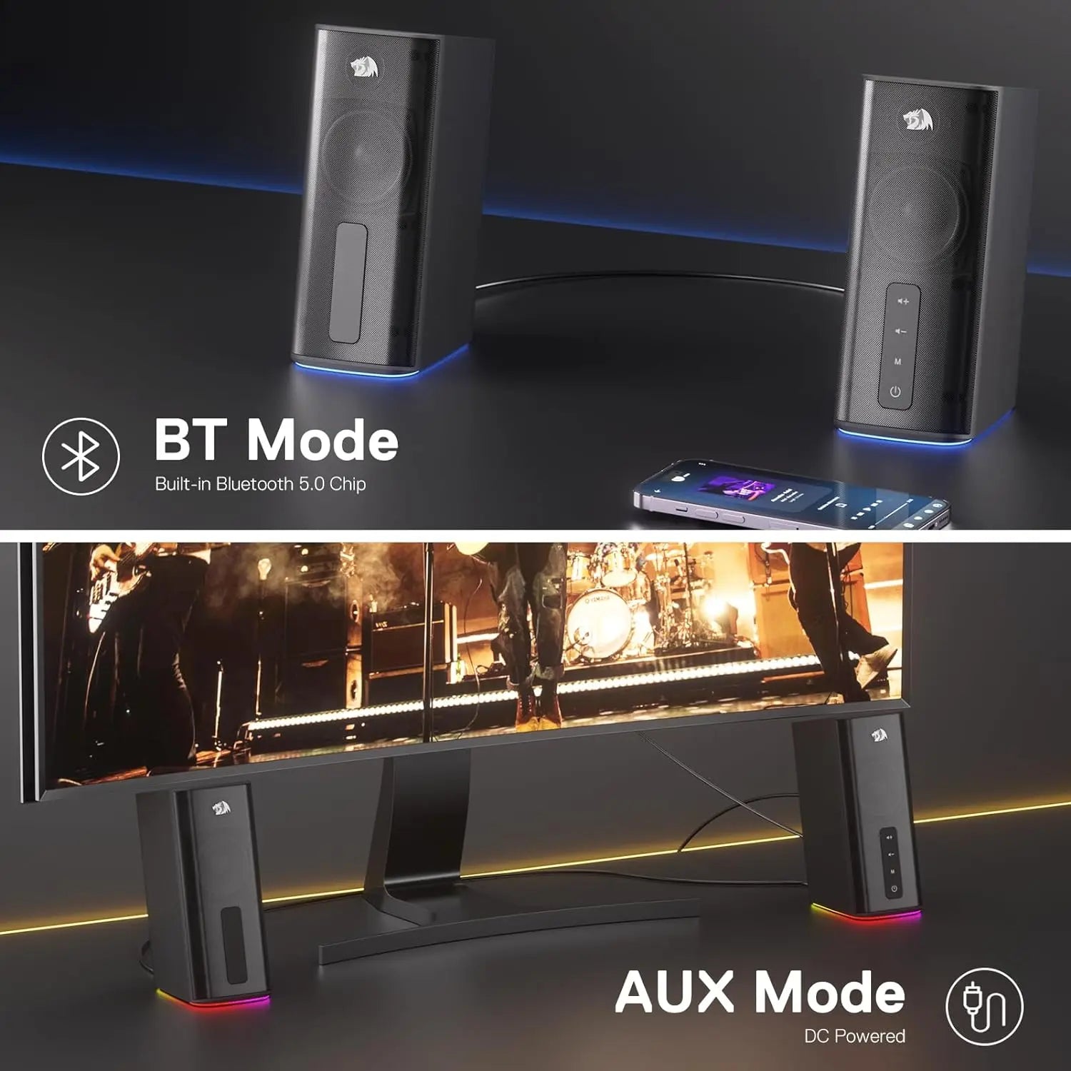 Redragon GS814 Stereo Desktop Speaker 20W Output 4 Real Units BT 5.0/3.5mm AUX Enhanced Bass Touch-Control Dynamic RGB