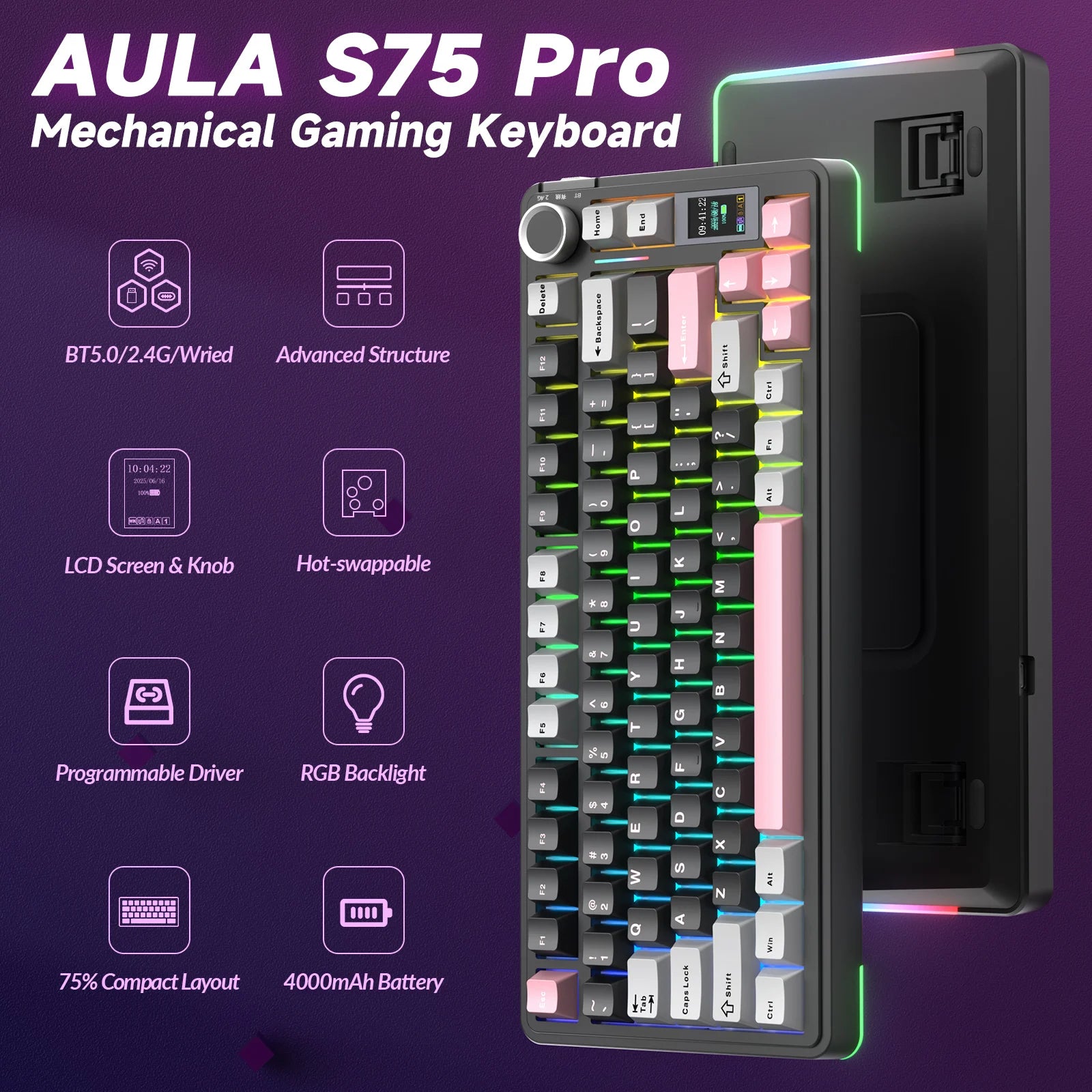 AULA S75pro Wireless Keyboard Tri-mode RGB Gaming Keyboard Hot Swap PBT Keycaps with Macro Software - Black pink