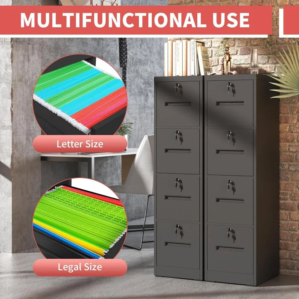 4 Drawer File Cabinet,Vertical Filing Cabinet with 4 Lockable Drawers,Black Metal File Cabinet for Home Office,Heavy