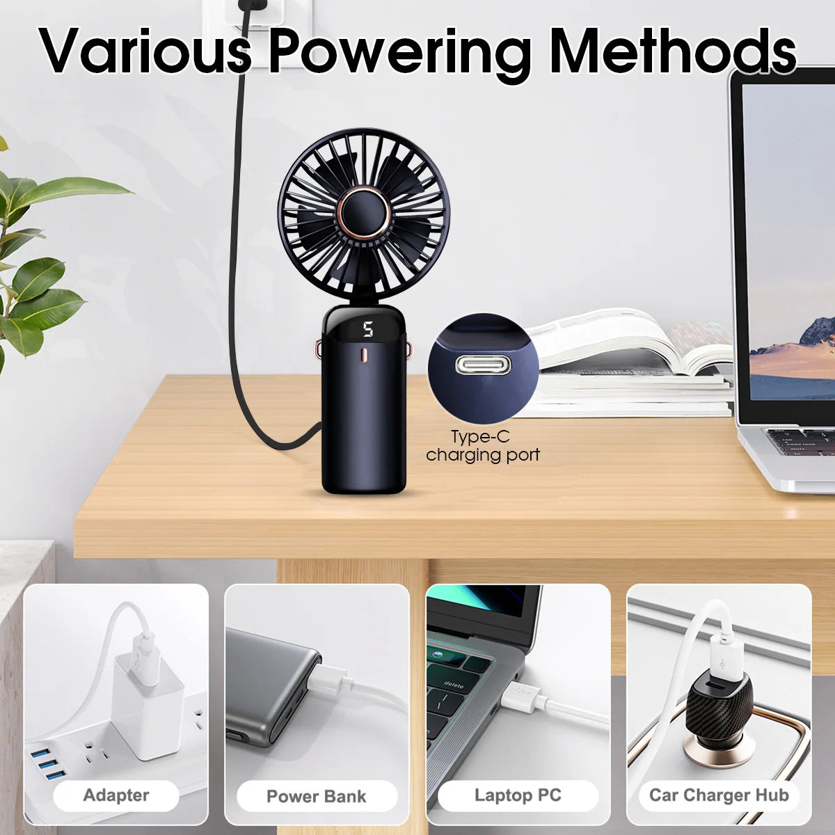 1pc Rechargeable Digital Display Foldable Portable Handheld Desktop Fan 5-speed Adjustable Silent Operation Home Office