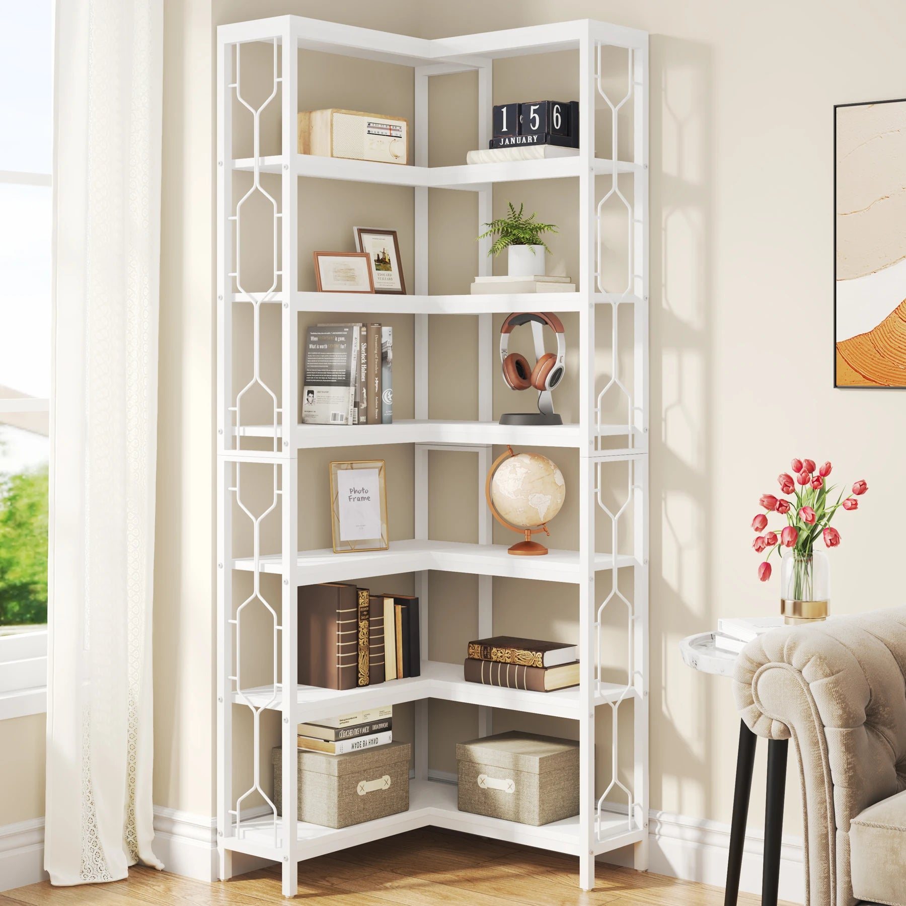 Tribesigns Corner Shelf 7-Tier Industrial Corner Bookshelf Wood and Metal Corner Etagere Bookcase Freestanding Display
