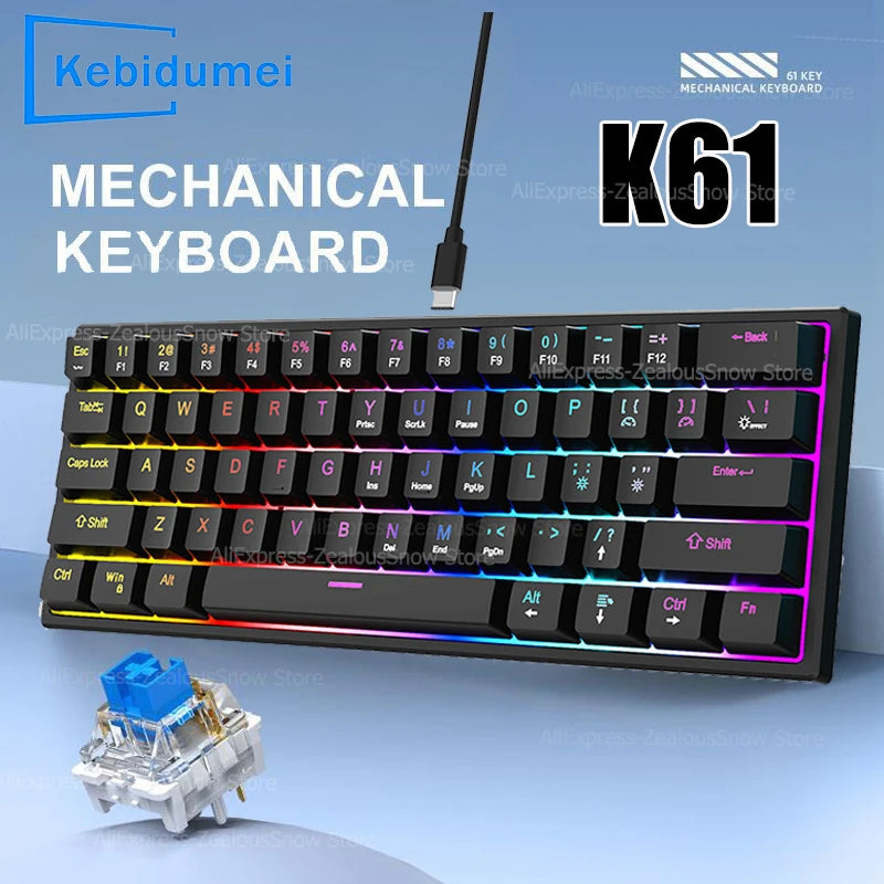 61 Keys Mechanical Keyboard Wired Gaming Keyboard for Laptop Desktop Ergonomics RGB Backlit Cyan Axis Keycaps PC