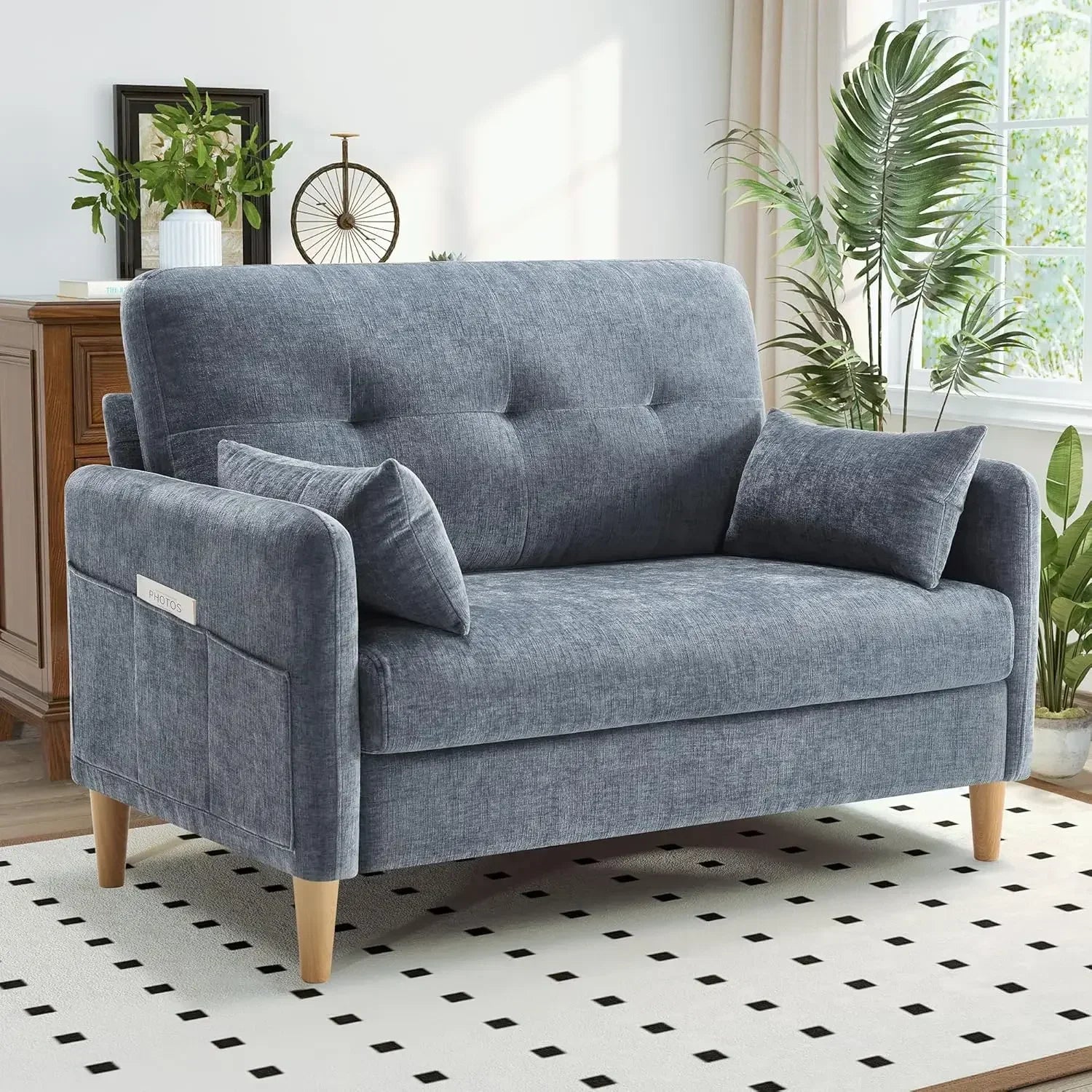 47” Small Couch for Living Room Chenille Fabric Love Seat Comfy Sofa for Bedroom with Throw Pillow Loveseat Sofa - Blue