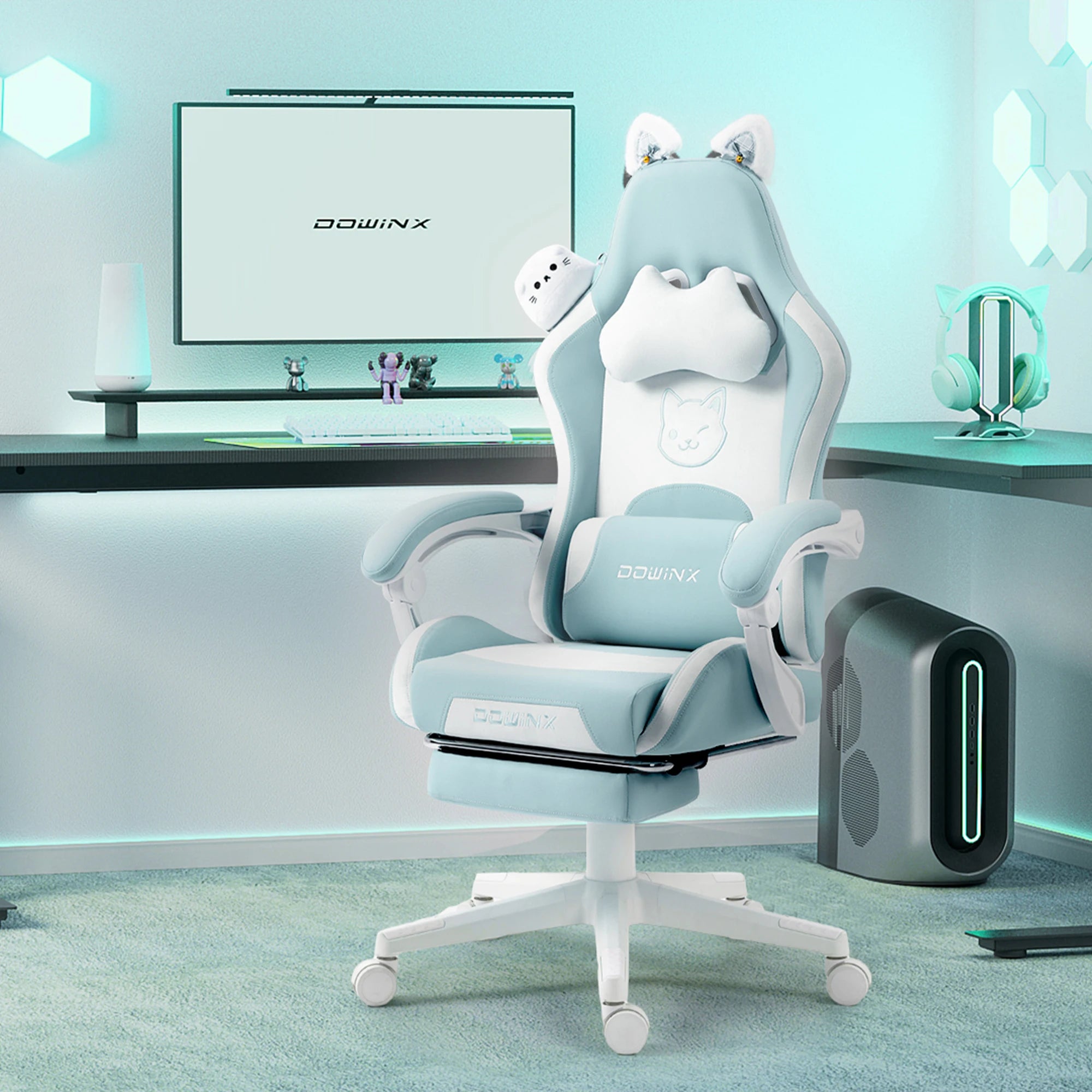 Dowinx Gaming Chair Cute with Cat Ears and Massage Lumbar Support Ergonomic Computer Chair for Girl with Footrest