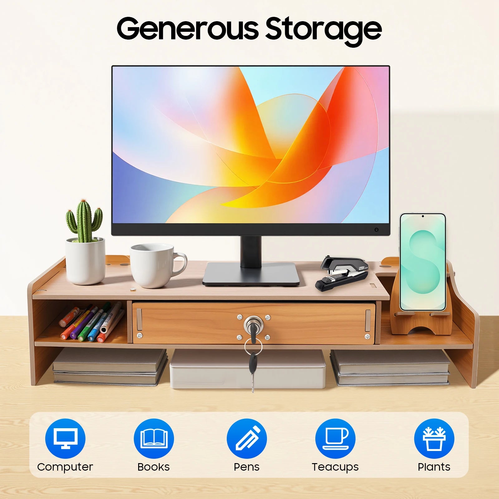 Wood Computer Monitor Stand MDF Wear-resistant Computer Rack with Lockable Drawer for Home School Office