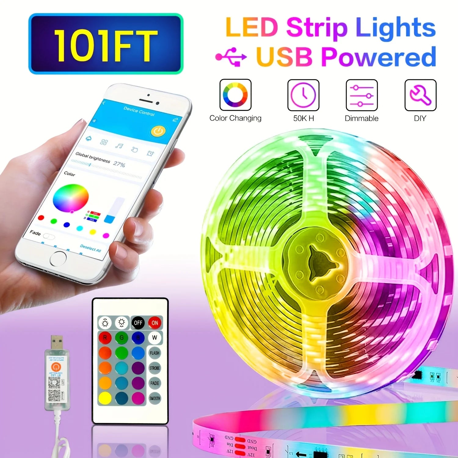 Colorful LED Strip Lights USB Powered Portable Change Color (16 Million) Dimmable Smart RGB-IC Strip Lighting Sync