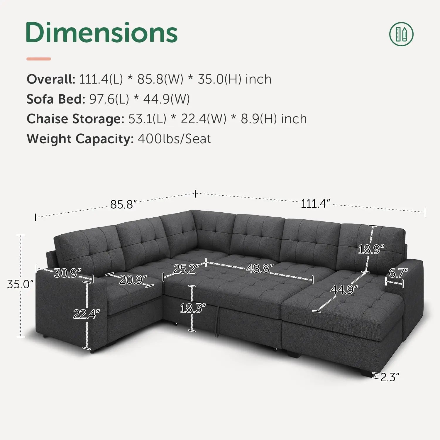 Sectional Sleeper Sofa Pull Out Bed with Storage Chaise Sectional Sofa Couch Sleeper Couch Bed for Living Room Dark