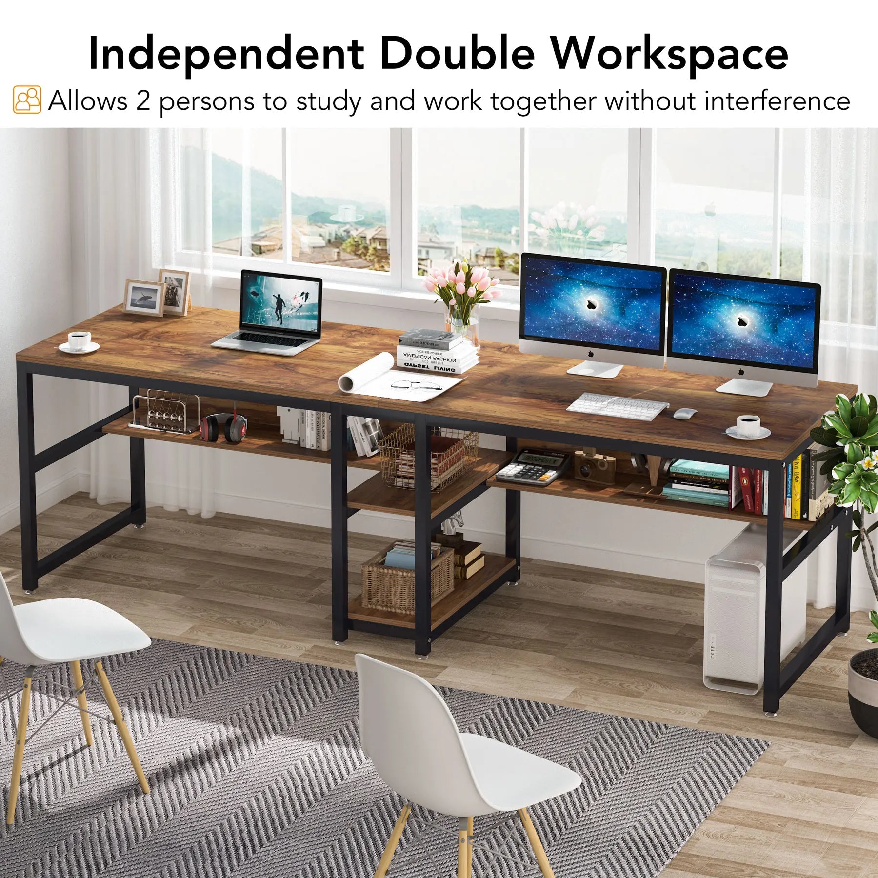 Tribesigns Two Person Desk with Bookshelf 78.7 Computer Office Double Desk for Two Person Rustic Writing Desk