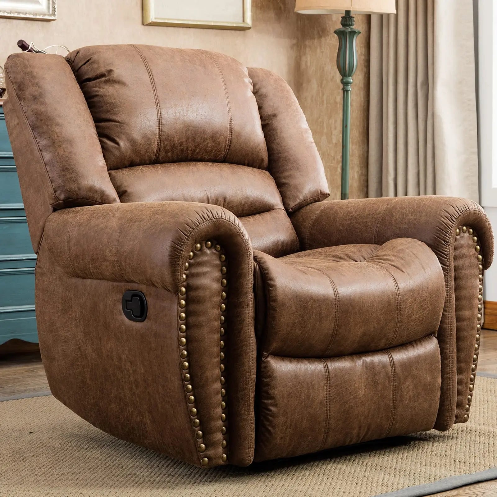 Leather Recliner Chair Manual Recliner Chair with Comfortable Arms and Back Single Sofa for Living Room - Nut Brown