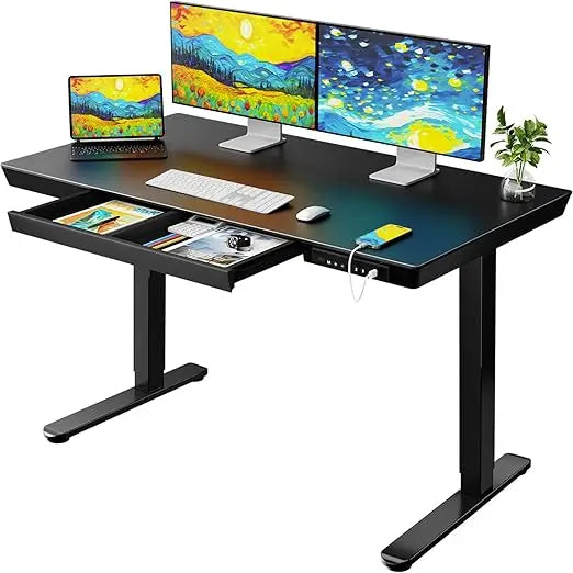 Electric Standing Desk with Drawers 48 x 24 Quick Install Glass Height Adjustable Desk with USB Charging Ports
