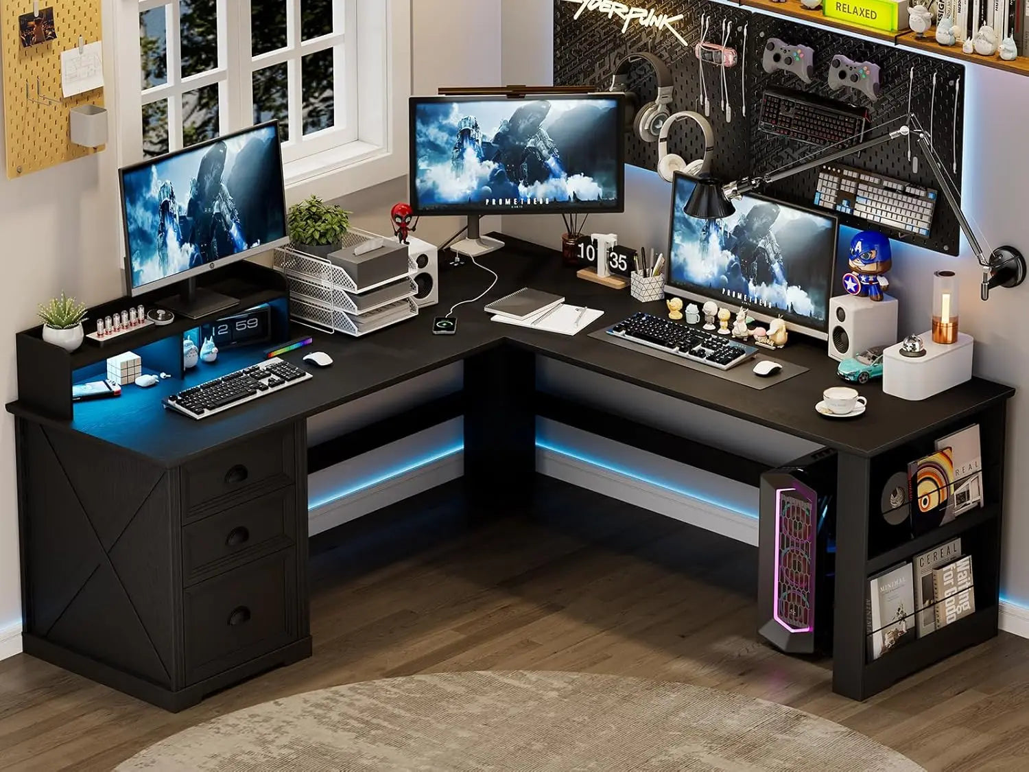 Executive L Shaped Desk with Monitor Stand And LED Lights Farmhouse Computer Desk with Power Outlets for Home Office