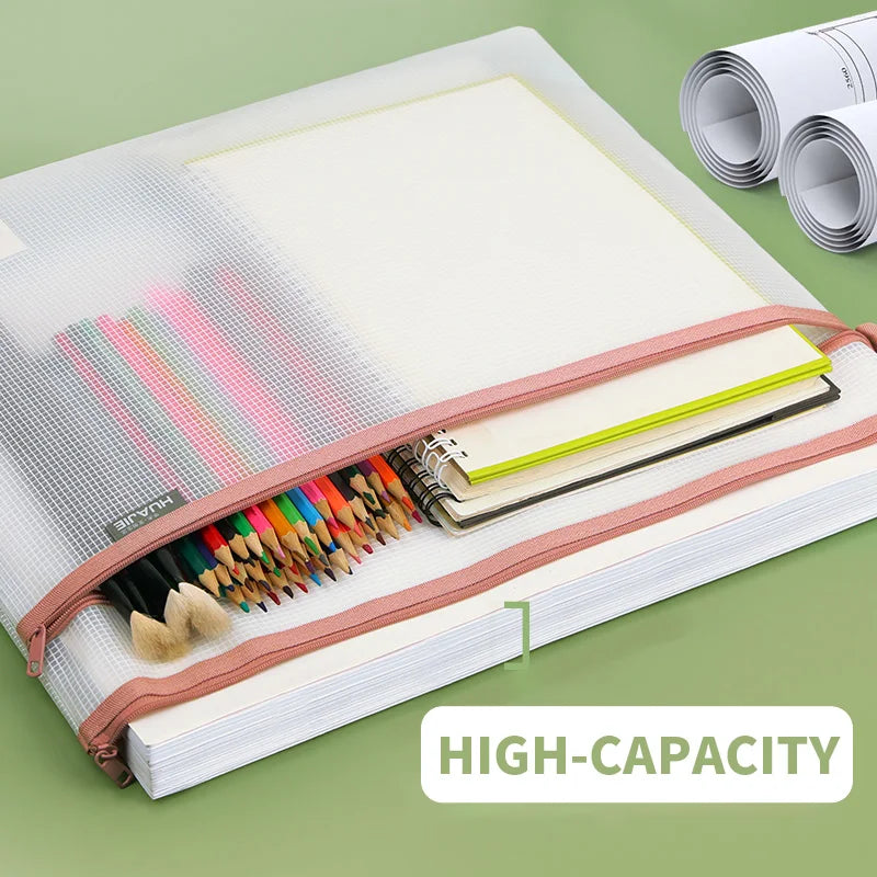HUAJIE A3 EVA File Bag Thick Double Zipper Document Organizer Large Capacity Transparent Mesh Art Paper Storage