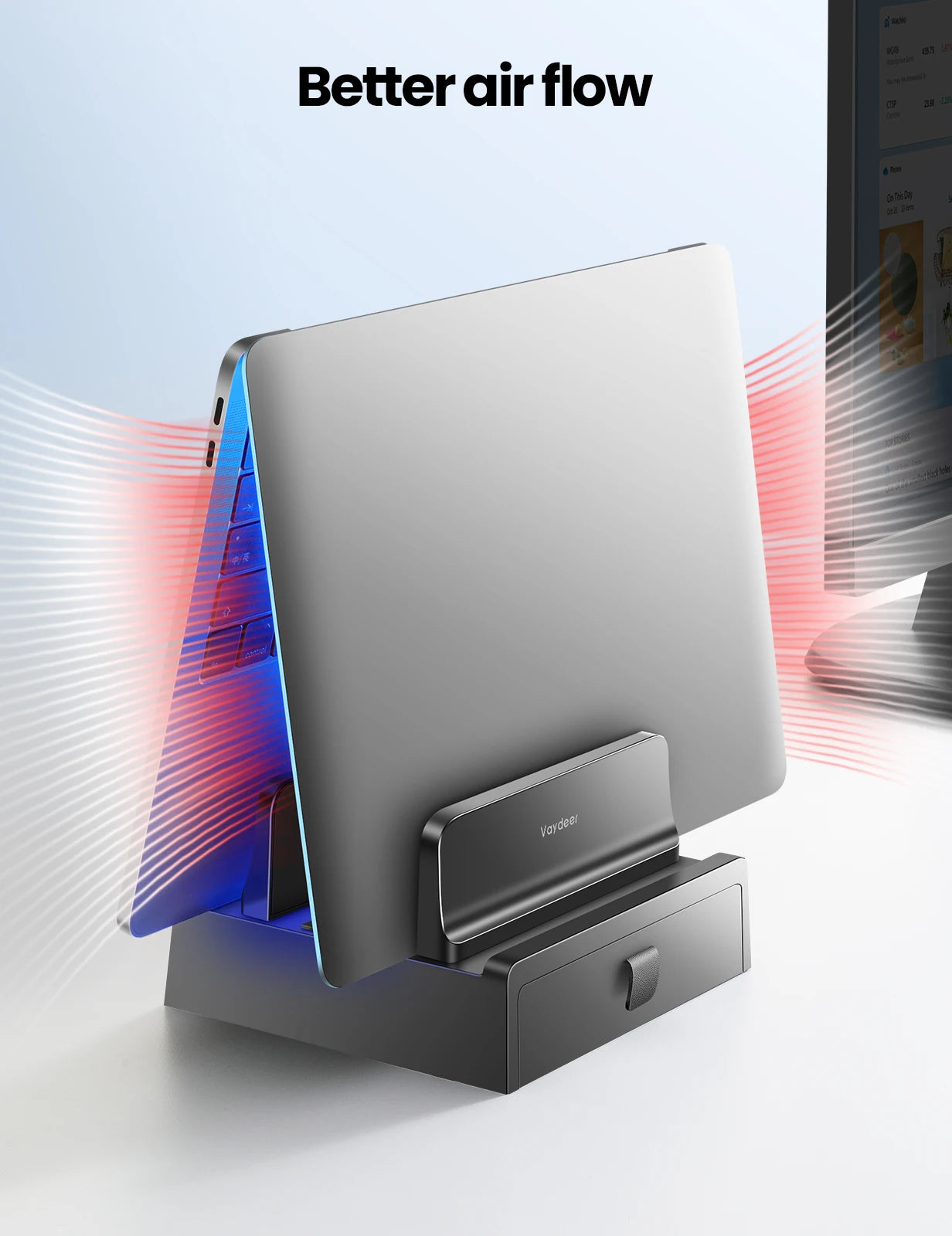 Vaydeer Vertical Laptop Stand with Drawer Dual Slots Plastic Laptop Holder with Space Saving 4-in-1 Design Adjustable