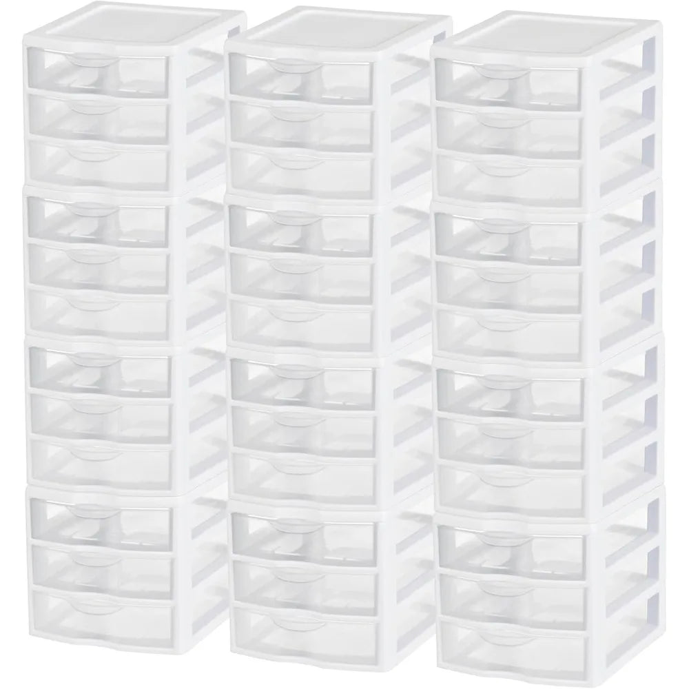12-Pack ClearView 3-Drawer Cart Small Plastic Storage Organizer Drawers White - Organizing Drawer Containers for Bat