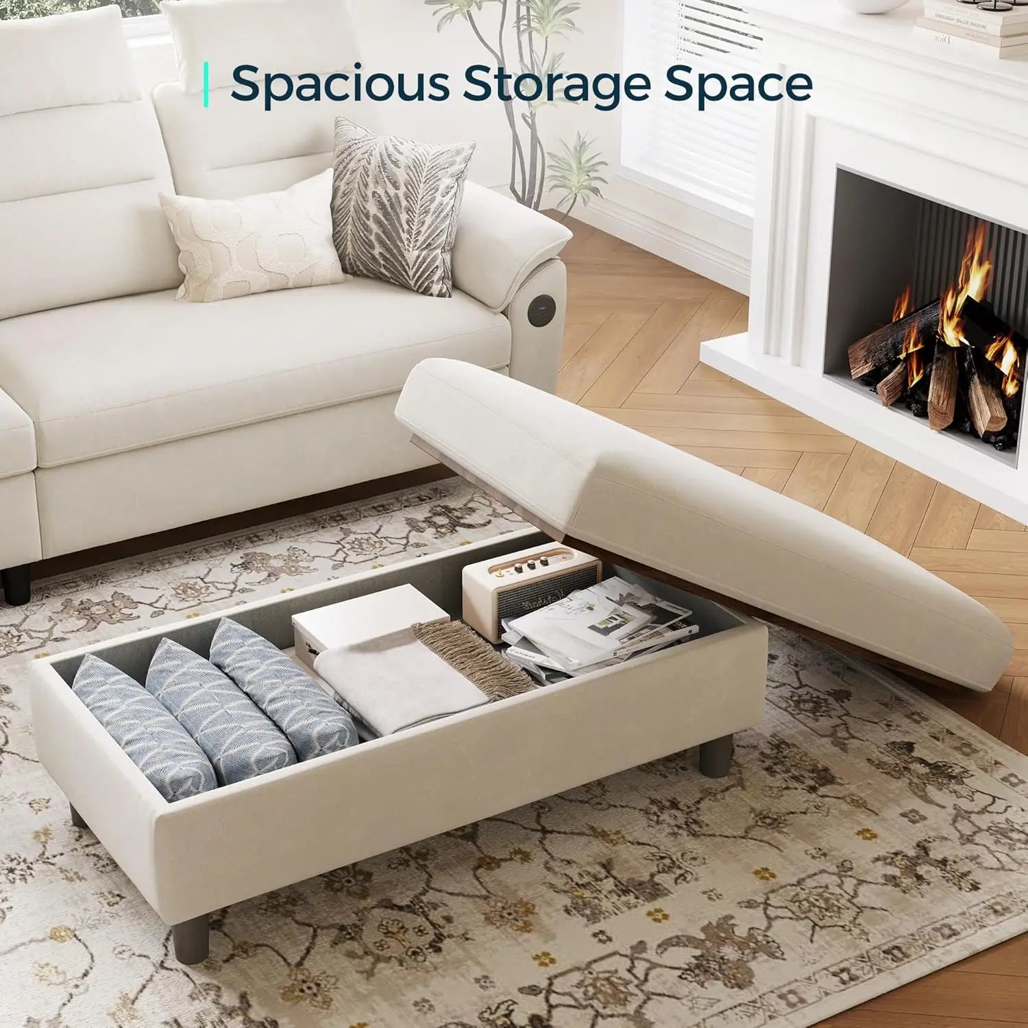 46 Inches Wide Storage Ottoman Bench Linen Coffee Table Folding Long Shoes Bench Footstool Storage Chest Foot Rest Stool