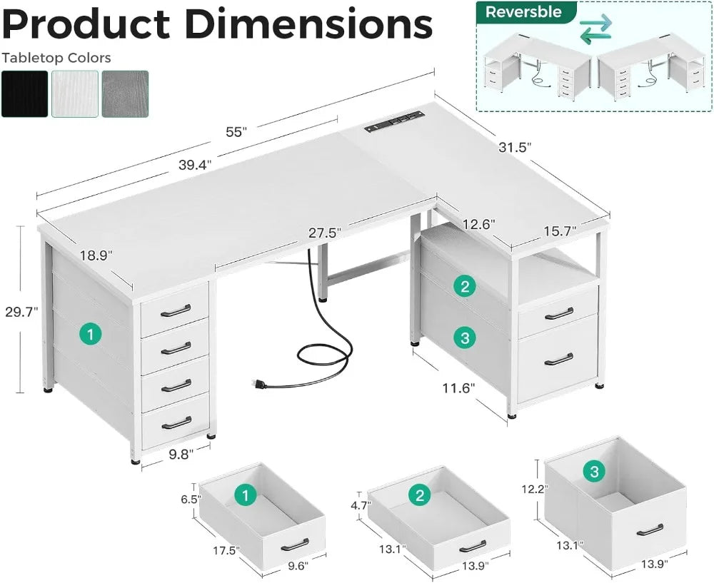 L Shaped Computer Desk with 6 Drawers & Power Outlet 55 Inch Corner Desk with Reversible Storage Shelf & File Drawer